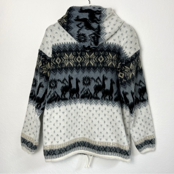 Yari Artesanias Ecuador Wool Llama Print Hooded Zip Up Sweater Jacket Size M - Picture 3 of 16